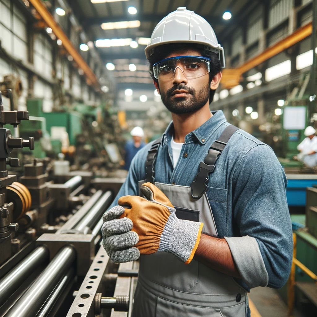 DALL·E 2023-11-18 18.11.52 - A worker in industrial work gloves at a manufacturing plant. The worker is of South Asian descent, wearing a safety helmet and protective eyewear. The.png
