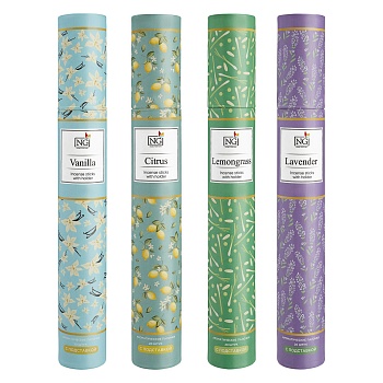 new galaxy аромапалочки с подставкой в тубе 20 шт, 4 аромата, лаванда, цитрус, лемонграсс, ваниль