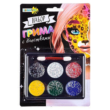 хоббихит набор грима с блестками, 6 цветов, апплик. в комплекте, 12,7х18,8см, масляный грим, пластик