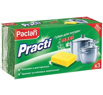 губки д/посуды, 3 шт/упак., paclan "practi maxi" чистящий слой (абразив)