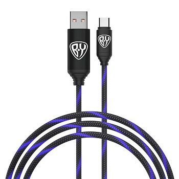 by кабель для зарядки армированный type-c, 1м, 3а, быстрая зарядка qc3.0, led подсветка синяя от магазина Барс