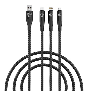 рыжий кабель для зарядки 3в1, ip/micro usb/type-c, 1.5м, 2.4а, тканевая оплётка, серый от магазина Барс