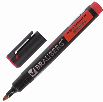 маркер перманентный (нестираемый) brauberg "energy", красный, круглый наконечник, 3 мм, с клипом, 1