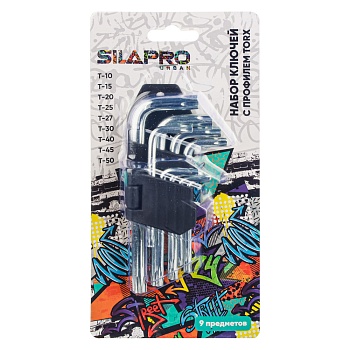 silapro набор ключей с профилем torx в пластиковом подвесе, железо, 9 предметов