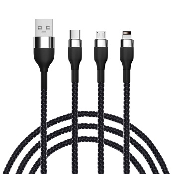 by кабель для зарядки 3 в 1 ip/micro usb/type-c, 1.5м, 2.1а, тканевая оплётка, металлик, черный от магазина Барс