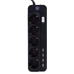 by удлинитель сетевой фильтр 5 розеток, 4xusb (3а), 2м, 0,75кв.мм,10а,2500вт, чёрный