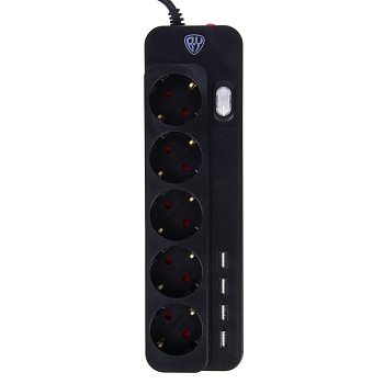 by удлинитель сетевой фильтр 5 розеток, 4xusb (3а), 2м, 0,75кв.мм,10а,2500вт, чёрный