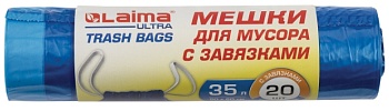 мешки для мусора с завязками laima ultra 35л синие рулон 20шт особо прочн.,пвд 20мкм,50х60см, 607689