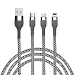 by кабель для зарядки 3 в 1, ip/micro usb/type-c, 1.5м, 2.1а, тканевая оплётка, металлик, серый от магазина Барс