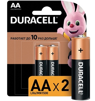 батарейки 2 шт/уп.duracell basic, aa (lr06, 15а), алкалиновые, пальчиковые, блистер от магазина Барс