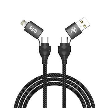 by киря кабель для зарядки diverse 4в1 usb/ip/microusb/type-c, 1м,  3а, pd 65w, тканевый, черный от магазина Барс