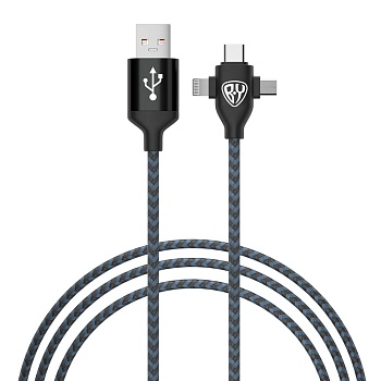 by кабель для зарядки 3 в 1 ip/micro usb /type-c, 1м, 2а, тканевая оплетка, чёрный от магазина Барс