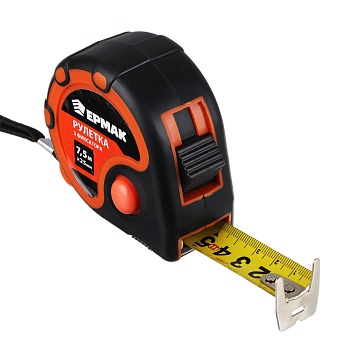 ермак рулетка "3 фиксатора", 7,5м х 25мм, 2х-сторонний зацеп, корпус abs+tpr