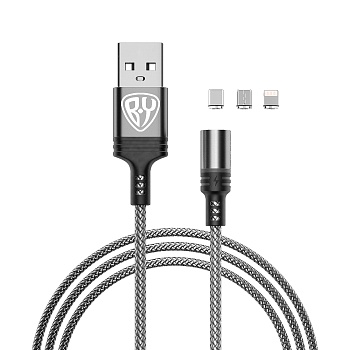 by кабель для зарядки магнитный 3 в 1, ip/micro usb/type-c, 1м, 2.1а, серый от магазина Барс